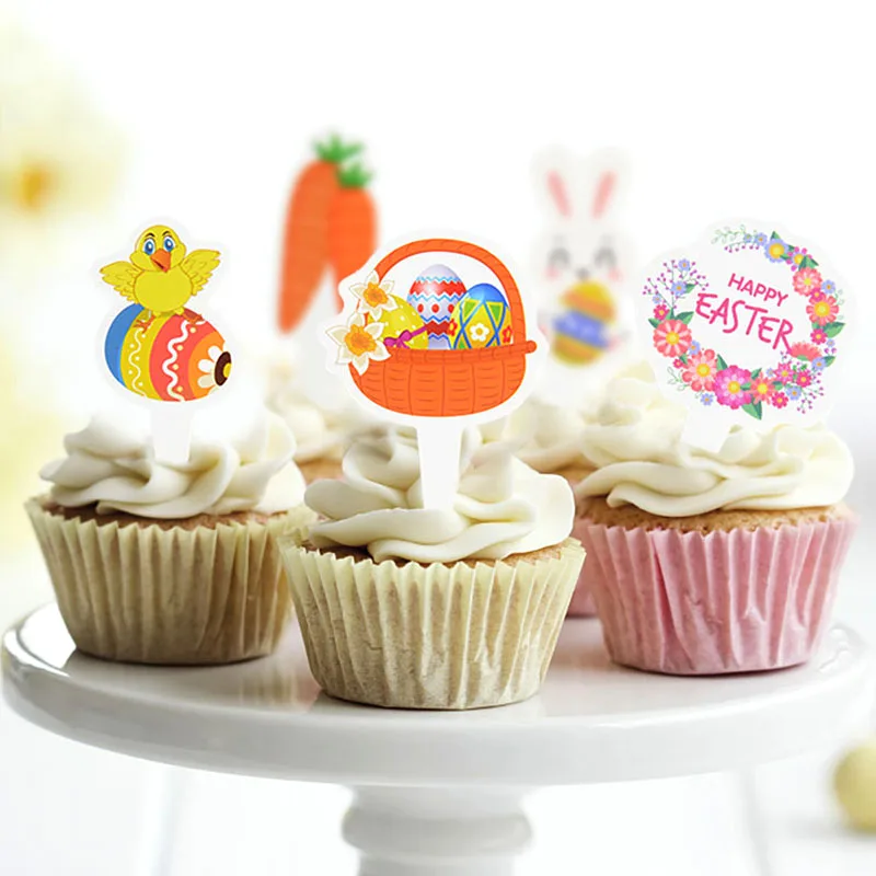 

12pcs Easter Rabbit Cupcake Topper Cute Bunny Eggs Carrot Happy Easter Cake Toppers For Birthday Spring Easter Party Cake Decor