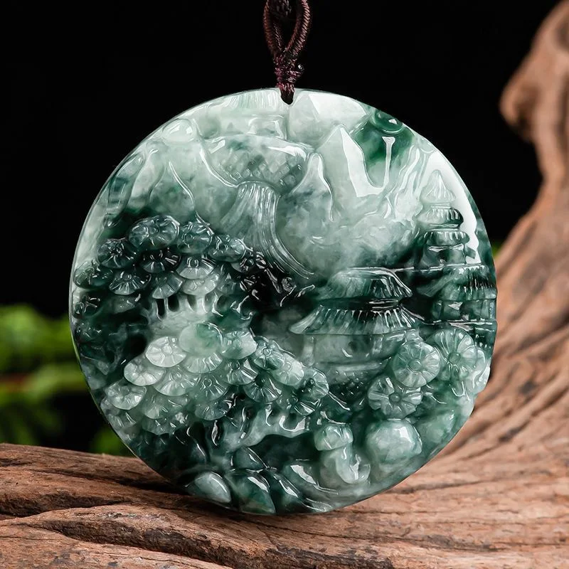 

Mai Chuang/Hand Carved/Natural Jade Green Floating Flower Landscape Emerald Necklace Pendant Men Women Fashion Fine Jewelry Gift