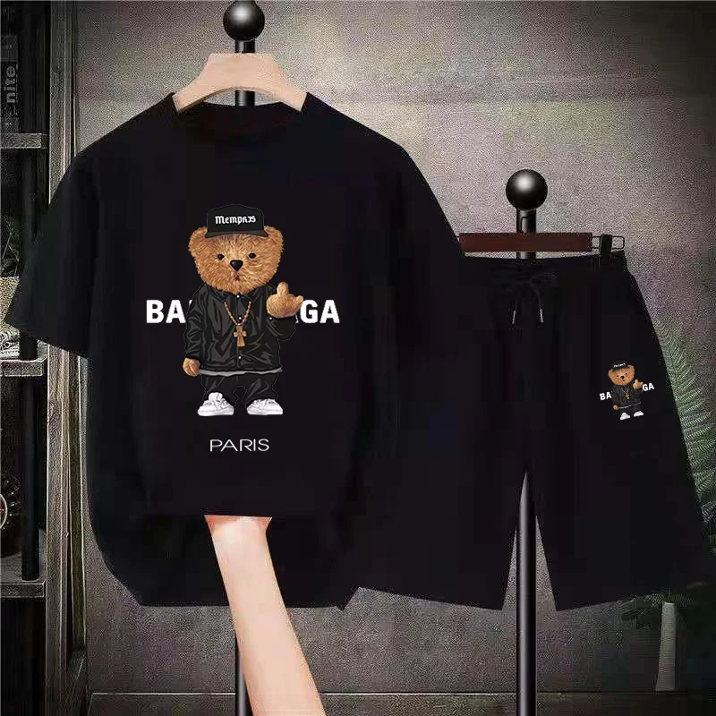 2023 Fashion Men's Sets Luxury Oversized Summer Two Piece Suits Quality Anime Bear Design T-Shirts Shorts Outfits Clothing