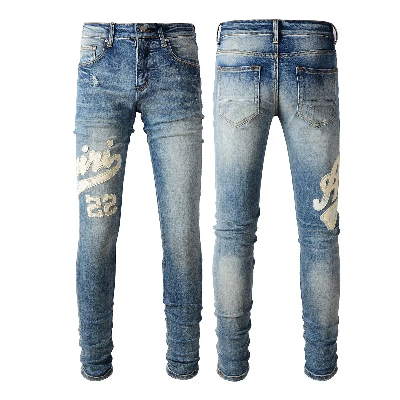 

Модные джинсы American High Street с надписями, джинсовые брюки-карандаш для мужчин и женщин, облегающие Стрейчевые Заплатанные рваные джинсы