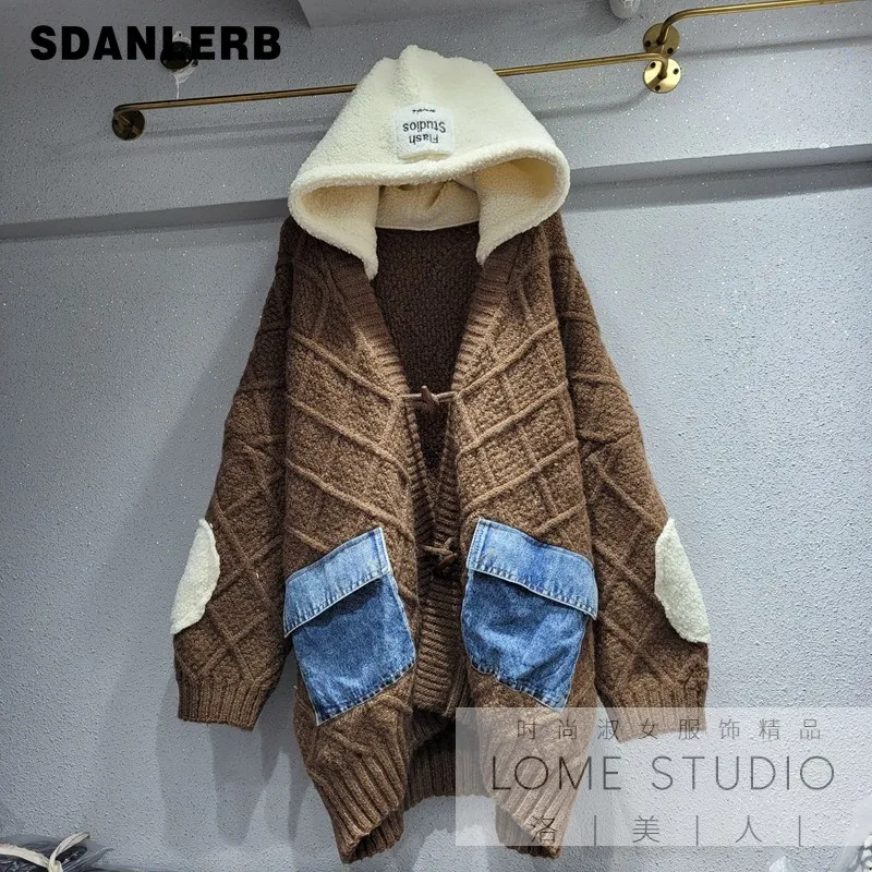 

Female Thickening Cardigan 2021 Autumn and Winter New Fashion Color Contrast Stitching Hooded Horn Button Loose Sweater Coat