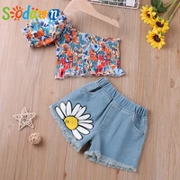 sodawn 2022 summer new kid clothes summer fashion denim suit floral topprinted shorts 2pcs girl set children clothes