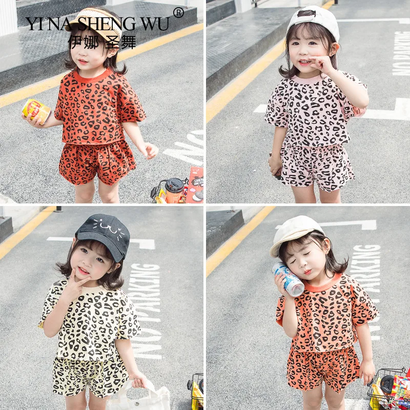 

2022 Baby Girls Clothes Short Sleeve Tops Set Kids Girl Leopard Print Clothing Sets Children T Shirt Short Pants Outfits Costume