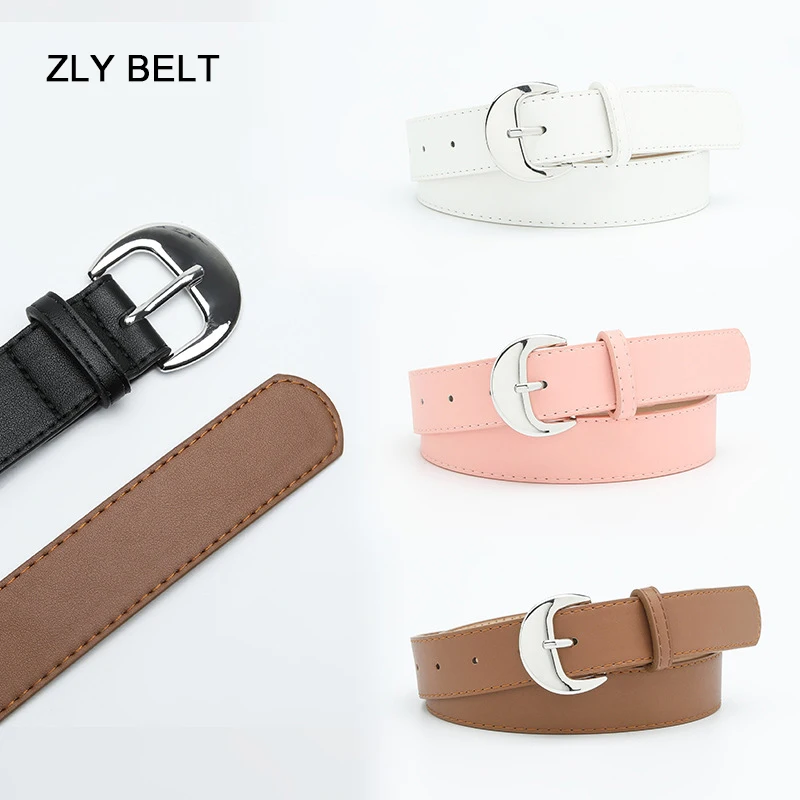 ZLY 2023 New Fashion Belt Women Men PU Leather Material Metal Silver Pin Buckle Casual Solid Versatile Vintage Y2K Jeans Style
