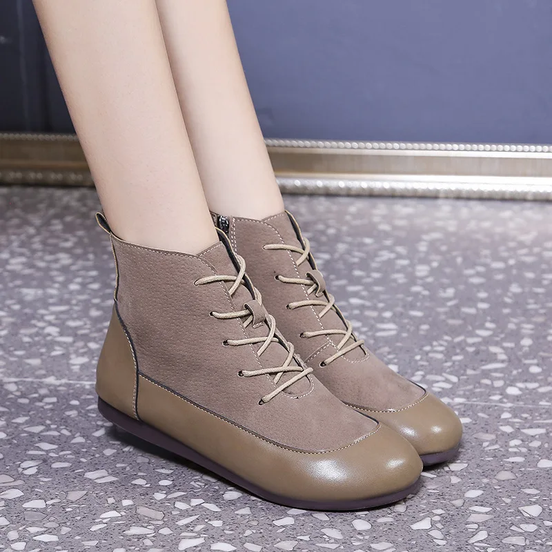 

Женские короткие ботинки в стиле ретро на мягкой подошве, ботинки-мартинсы из мягкой кожи, ботинки ручной работы на плоской подошве с круглы...