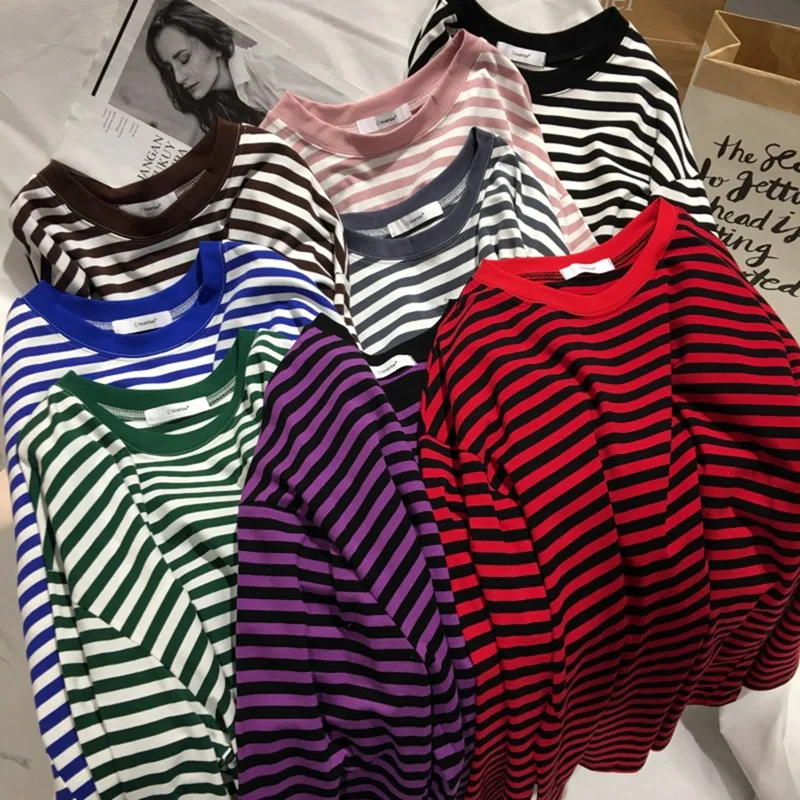 

Популярные футболки в полоску Kf, Женская Повседневная футболка средней длины, топ с круглым вырезом, Корейская уличная одежда, женская одеж...