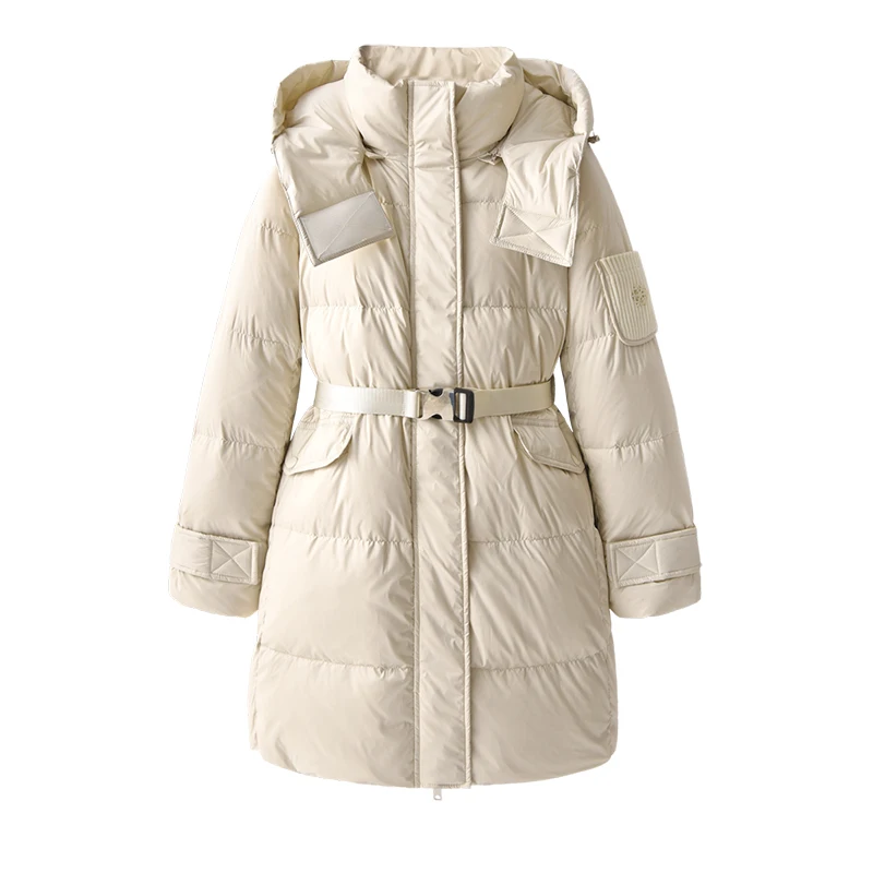 New Casaco Feminino  90%  White Duck Down  Long  Abrigo Mujer  Zipper  Wide-waisted  Adjustable Waist  Hat Detachable