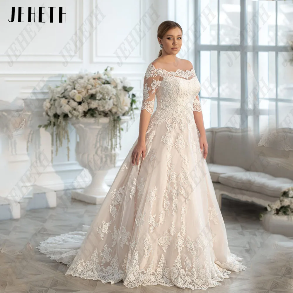 

JEHETH Exquisite Wedding Dress Half Sleeves Boat Neck Light Champagne Bride Gowns A-Line Applique Plus Size vestidos de novia