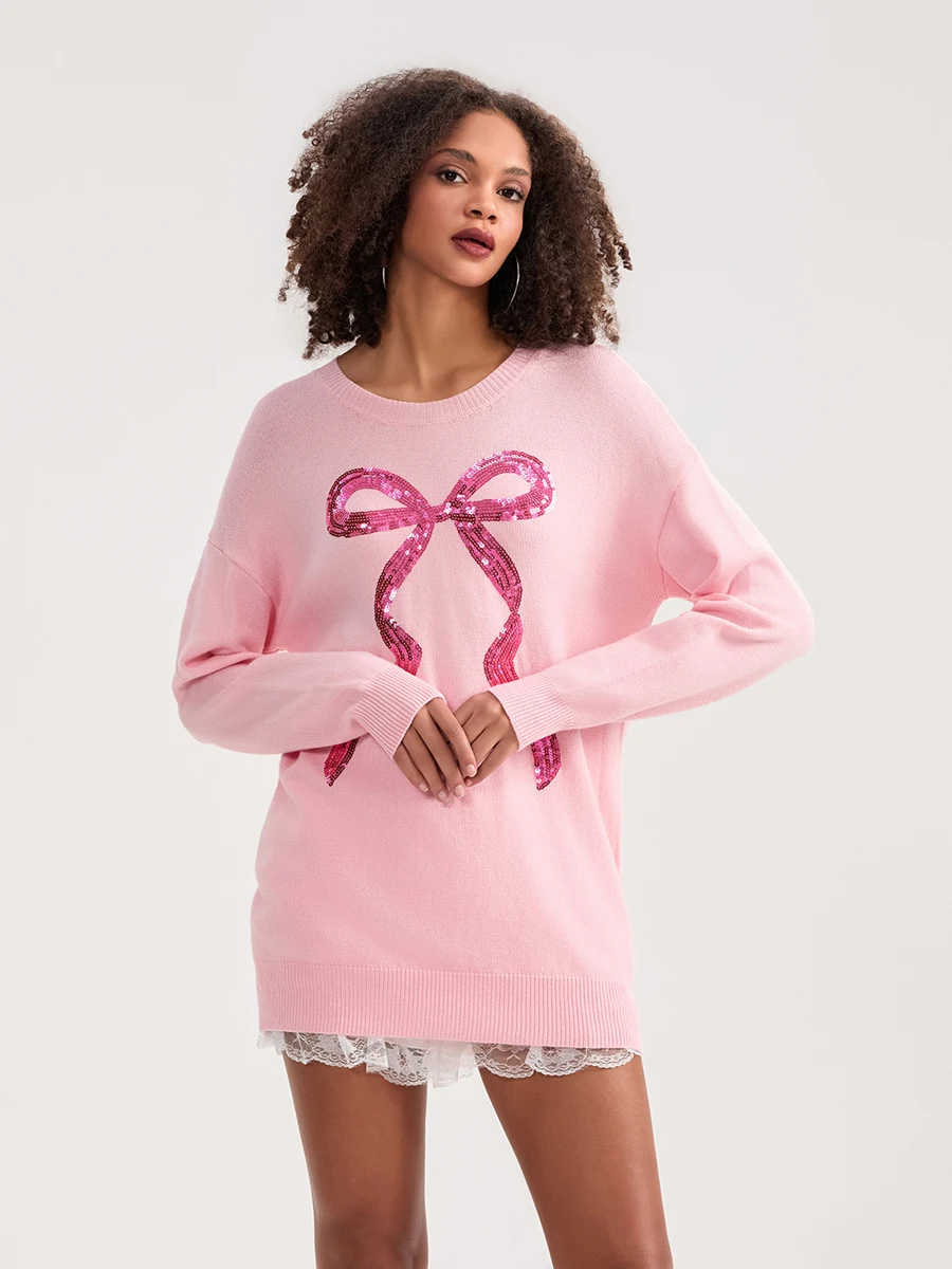 Женский трикотажный свитер с длинным рукавом и круглым вырезом