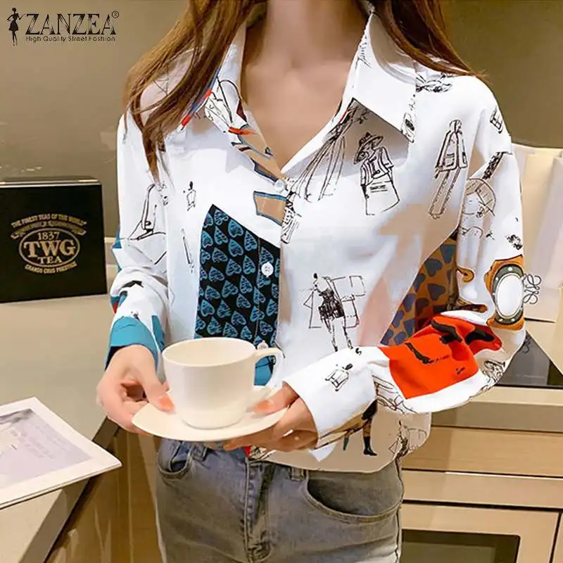 

Блузка ZANZEA Женская с длинным рукавом, тонкая элегантная рубашка с принтом, с лацканами, пуговицами и манжетами, в богемном стиле, Повседневн...