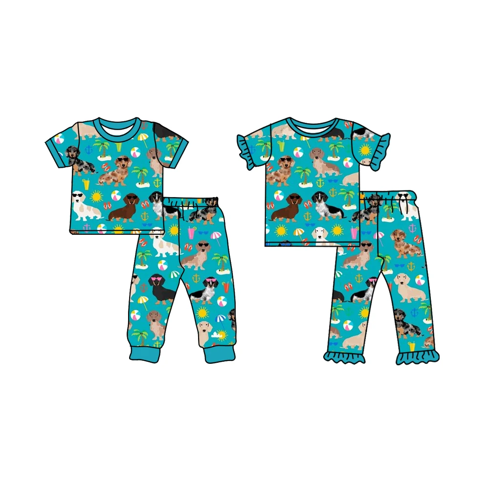 

New design pajamas set Sibling pajamas set puppy pattern short sleeve pants 2 sets milk silk fabric