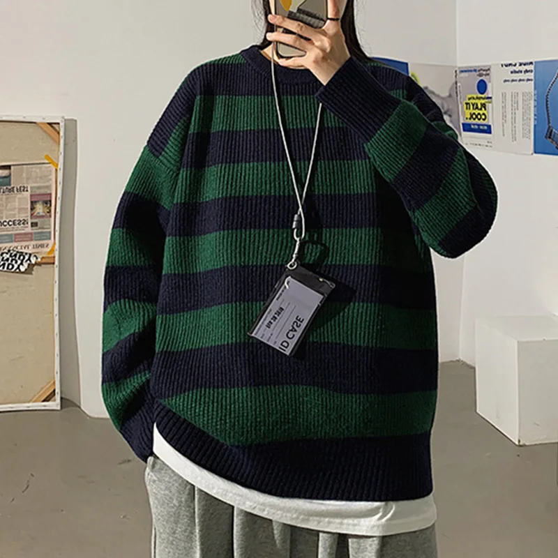 

Autumn Winter Knitted Striped Sweater Women Casual Oversized Pullovers Sweaters Loose Warm Jumper Streetwear Teen Knitwear