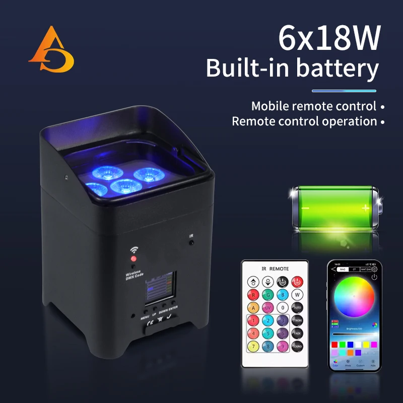 6x18 Вт Аккумулятор Par Light RGBWA UV 6IN1 Светодиодный беспроводной DMX с приложением для телефона iOS и Android с дистанционным управлением для вечеринки, свадьбы, сценического освещения (art.: 3920cd08de698) - 3920cd08de698