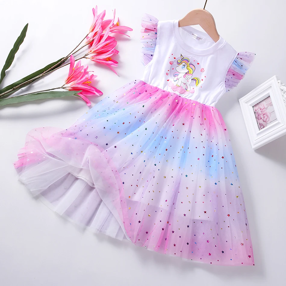 

Cute Unicorn Cartoon Dress Girl Fashion Flying Sleeve Dresses Mesh Sequins White Robe Children Summer Clothes 2 4 6 8 Years Old
