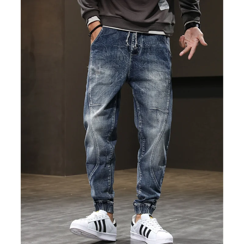 Men Clothing Autumn New Straight Loose Cylinder Jeans Vintage Lacing Strap Elastic Force Comfortable Blue Harun Trousers Female