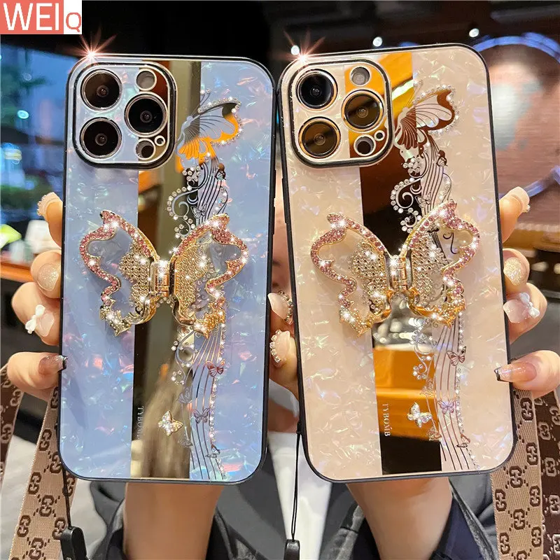 

Роскошный Блестящий 3D чехол-бабочка со стразами для iPhone X XR XS 14 13 12 11 Pro Max 7 8 Plus SE, чехол с держателем ремешка