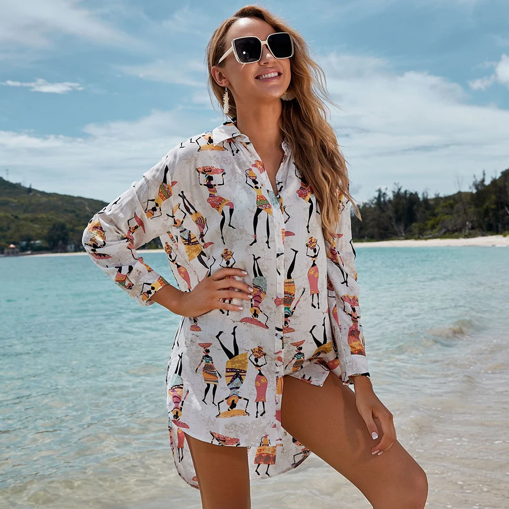 

2022 New Beach Cover Up Print Bikini Cover Up Women Beach Cardigan Summer Beach Dress Ladies Tunics Swimsuit Cover Ups Beachwear