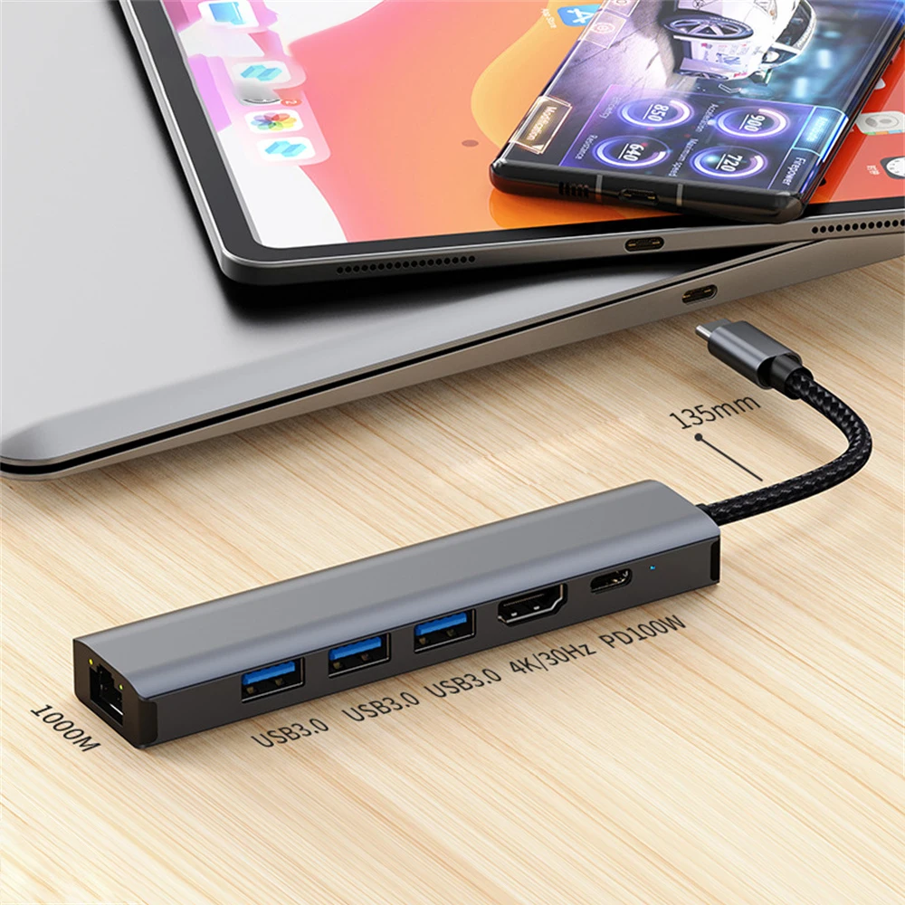 

Fast Charging Usb-c Docking Station 6 In 1 Usb C Adapter Splitter 4k/30hz Rj45 For Laptop Phone Hdmi-compatible 4k Hub Aluminum