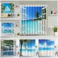 seaside beach shower curtain palm tree bath curtains white window hawaii island ocean natural scenery fabric bathroom decor sets