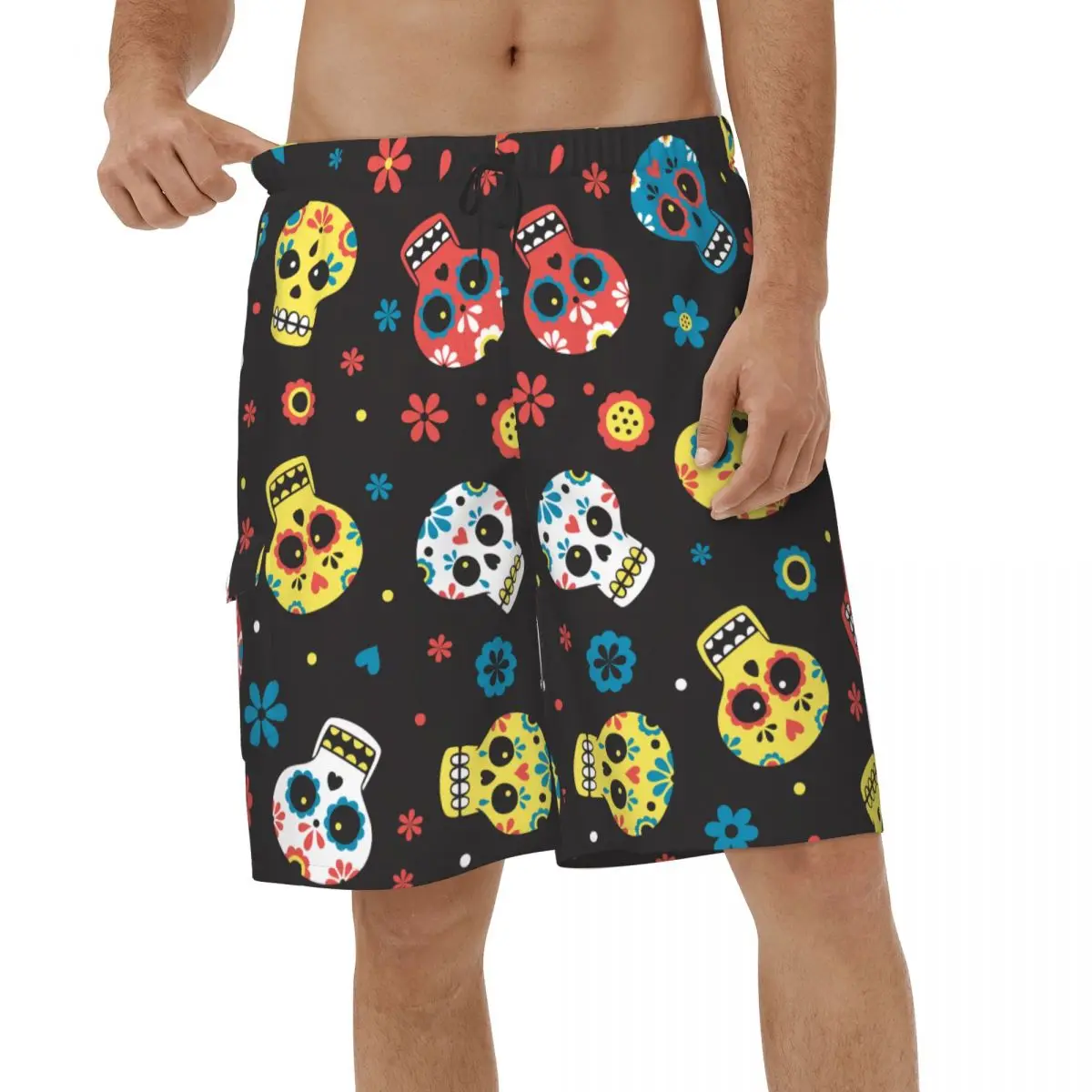 

Casual Sugar Skull Mexican Men Beach Shorts Running Board Shorts Vacation Day of the Dead Swimsuits Quick Dry Board Shorts