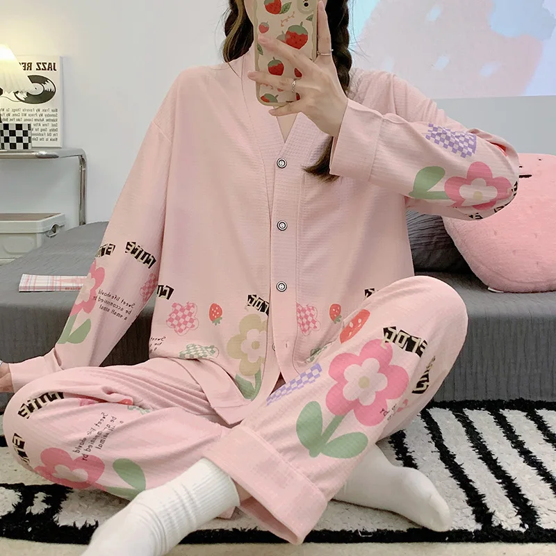 Womens 2 Piece Pajamas Set Long Sleeve Pyjama Autumn Cotton Soft Trousers Suit Femme Pyjamas Set Pjs Mujer Pijama Sleepwear