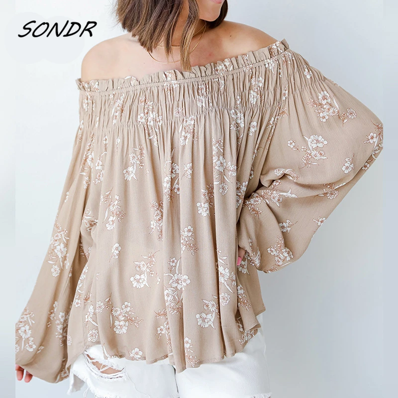 

Off The Shoulder Long Sleeve Print T Shirt Women Sexy Casual Fashion Green Tops