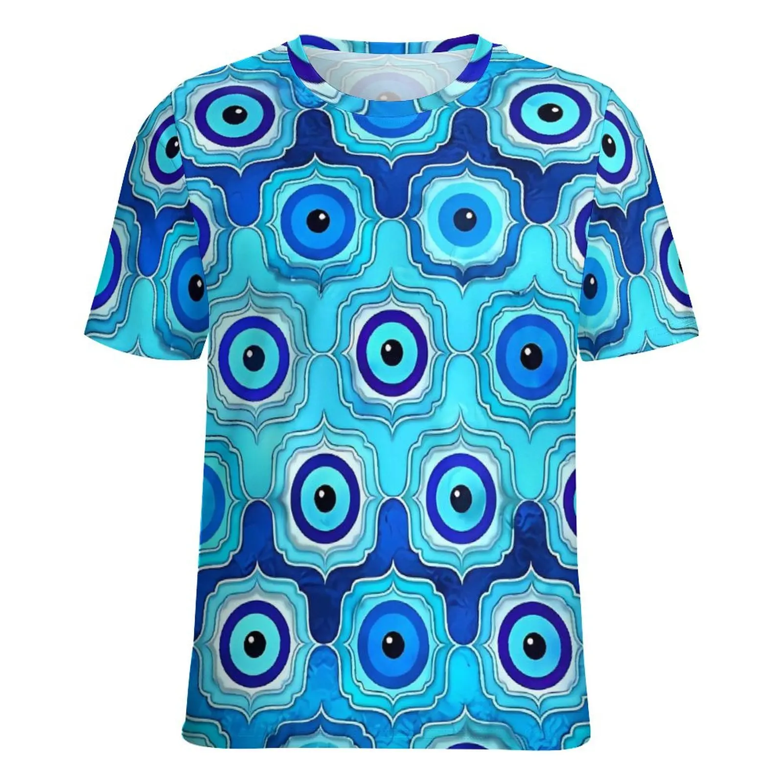 Фото Женская футболка Evil Eye с круглым вырезом Футболки с короткими рукавами Синие стеклянные и серебряные красивые топы с принтом Уличный стиль Футболки большого размера №5