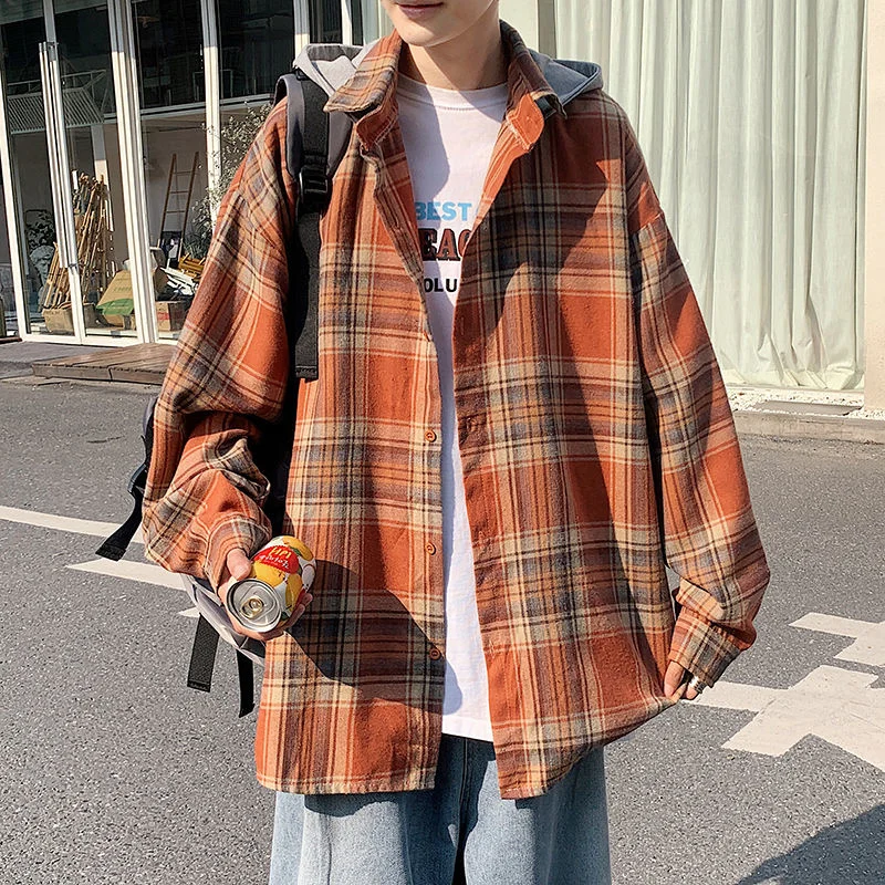 

Autumn Long Sleeve Shirts Men Fashion Retro Casual Plaid Shirts Men Japanese Streetwear Loose Hooded Shirts Mens Jackets S-2XL