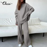 celmia high collar tops and wide leg pants casual loose suits womens 2022 spring autumn knitted ribbed pant sets two piece sets