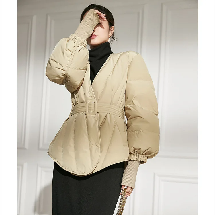 White duck down V-neck waist down jacket short for women