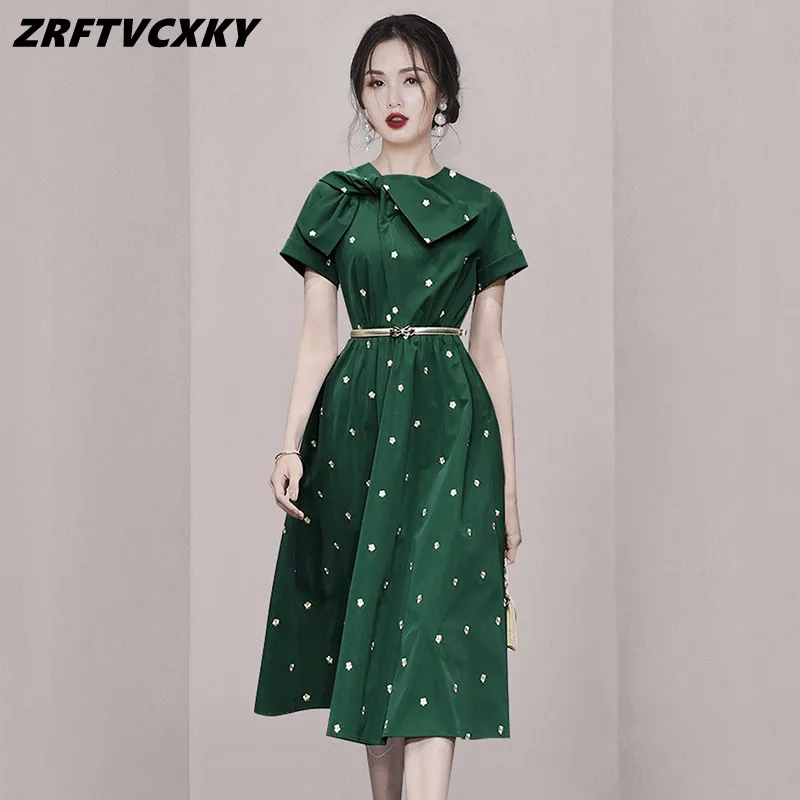 Chic Elegant Bow Embroidery Women Dress 2023 Summer Fall Korean Simple Office A-Line Mid Dresses Fashion Casual Party Vestidos