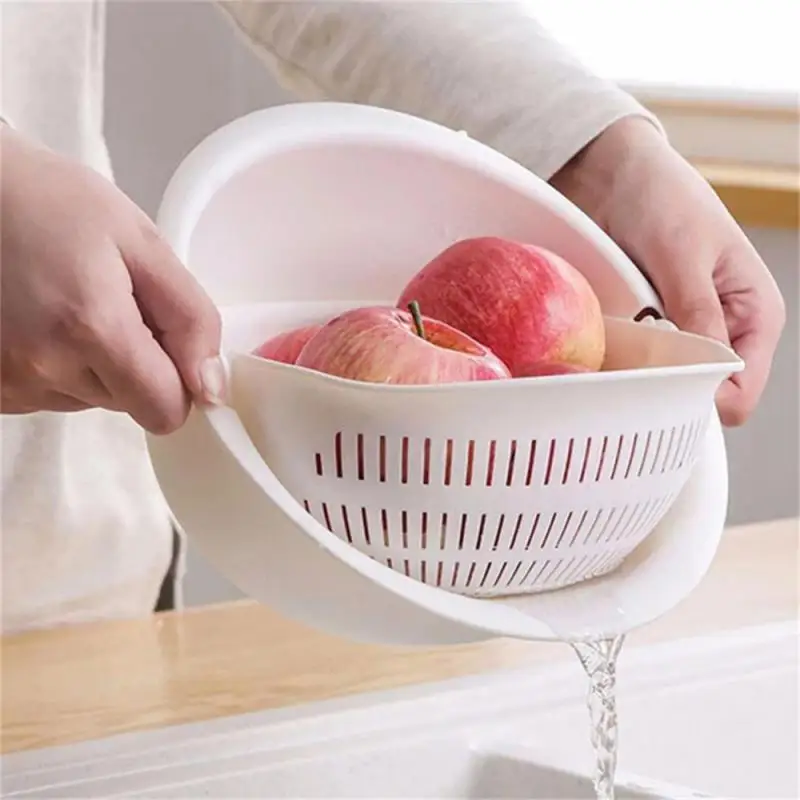 

Kitchen Rotatable Double Drain Basket Fruits Vegetables Washing Storage Basket Strainers Bowl Cleaning Filter Colander Tool