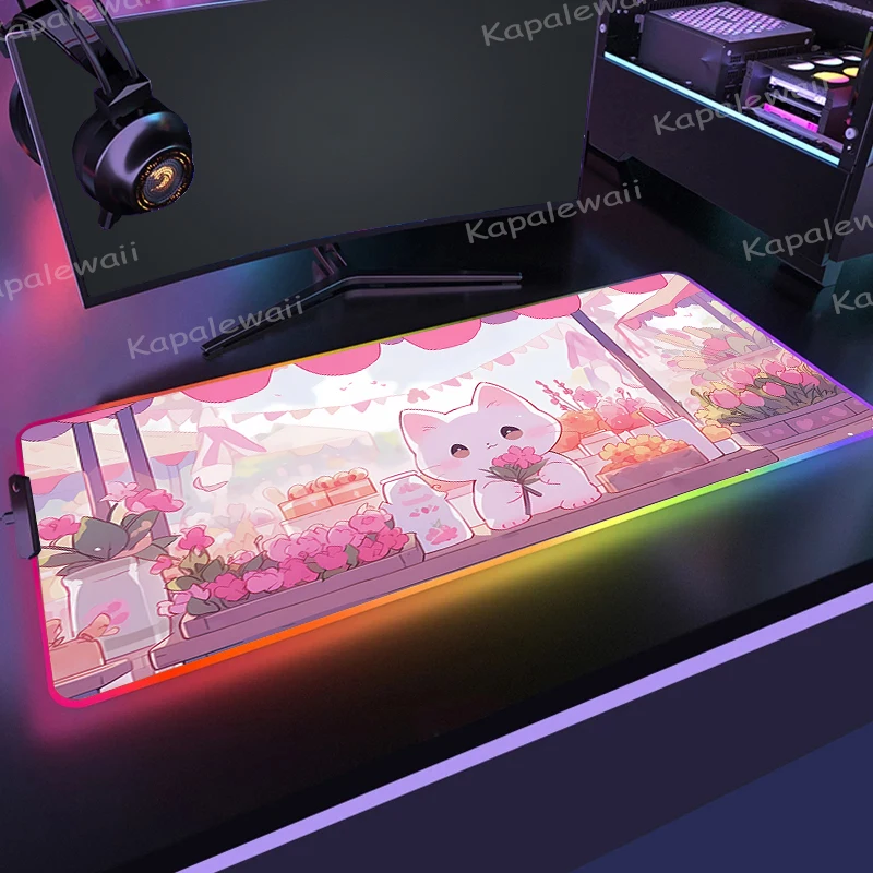 

RGB Mouse Pad 900x400 Kawaii Cute Cartoon Cat Xxl Mats Laptop Accessories Anime Large LED Mausepad Gamer Keyboard Mat Desk Pads