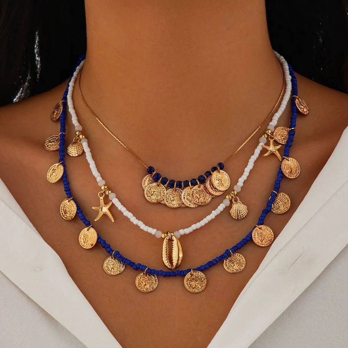 SHIXIN 3 предмета / комплект женских круглое бахромное ожерелье кулон с морскими