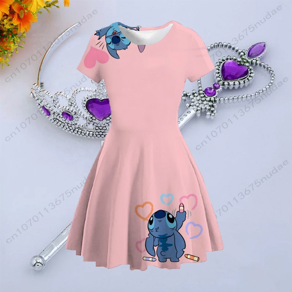 Купи 2022 New Summer Fashion Cute Stitch Short Sleeve Round Neck Dress Printed Baby Girl Cartoon Print Mini Over the Knee за 361 рублей в магазине AliExpress