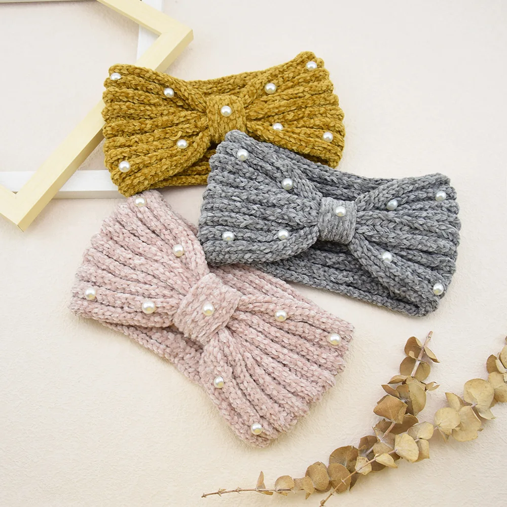 

Women Corduroy Pearl Butterfly Knot Hair Band Sports Headband Ear Protector Knitted Hair Band Warm Wool Hair Accessories