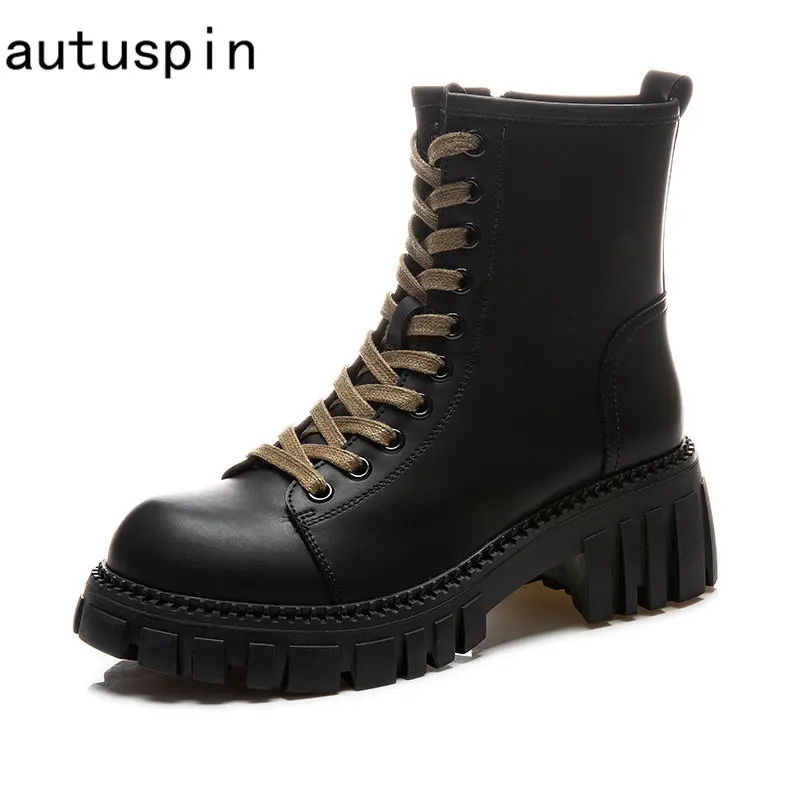 

Autuspin Thick Heels Women Winter Shoes Fashion Concise Platform Ankle Boots Office Ladies Cross-Tied Motorcycle Boots Black