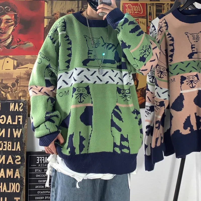 

Oversized Men Sweater Casual Ugly Green Cartoon Cat Jersey Korean Hip Hop Fashion Street Trend O-neck Knit Sweater Men's Clothes