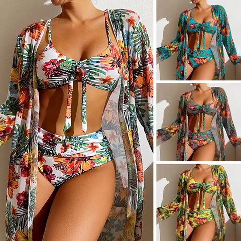 2023 Three Pieces Bikini Set Cover Up Swimwear High Waisted Bikini Set Women's Swimwear Print  For Female Bath Suit Tropical
