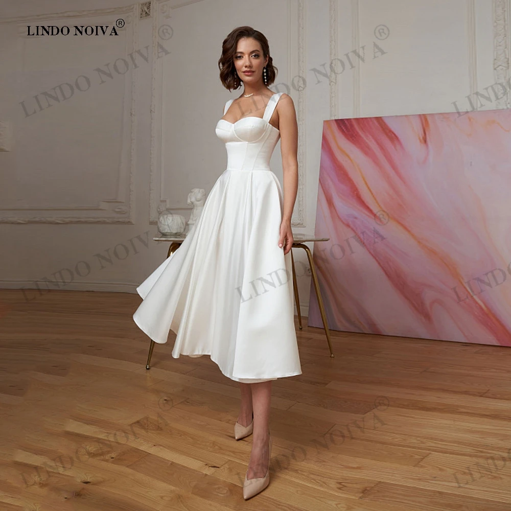 

LINDO NOIVA 2023 Short Modern Mid-Calf Satin Wedding Dresses Sexy Sweetheart Sleeveless Simple Bridal Gowns свадебное платье