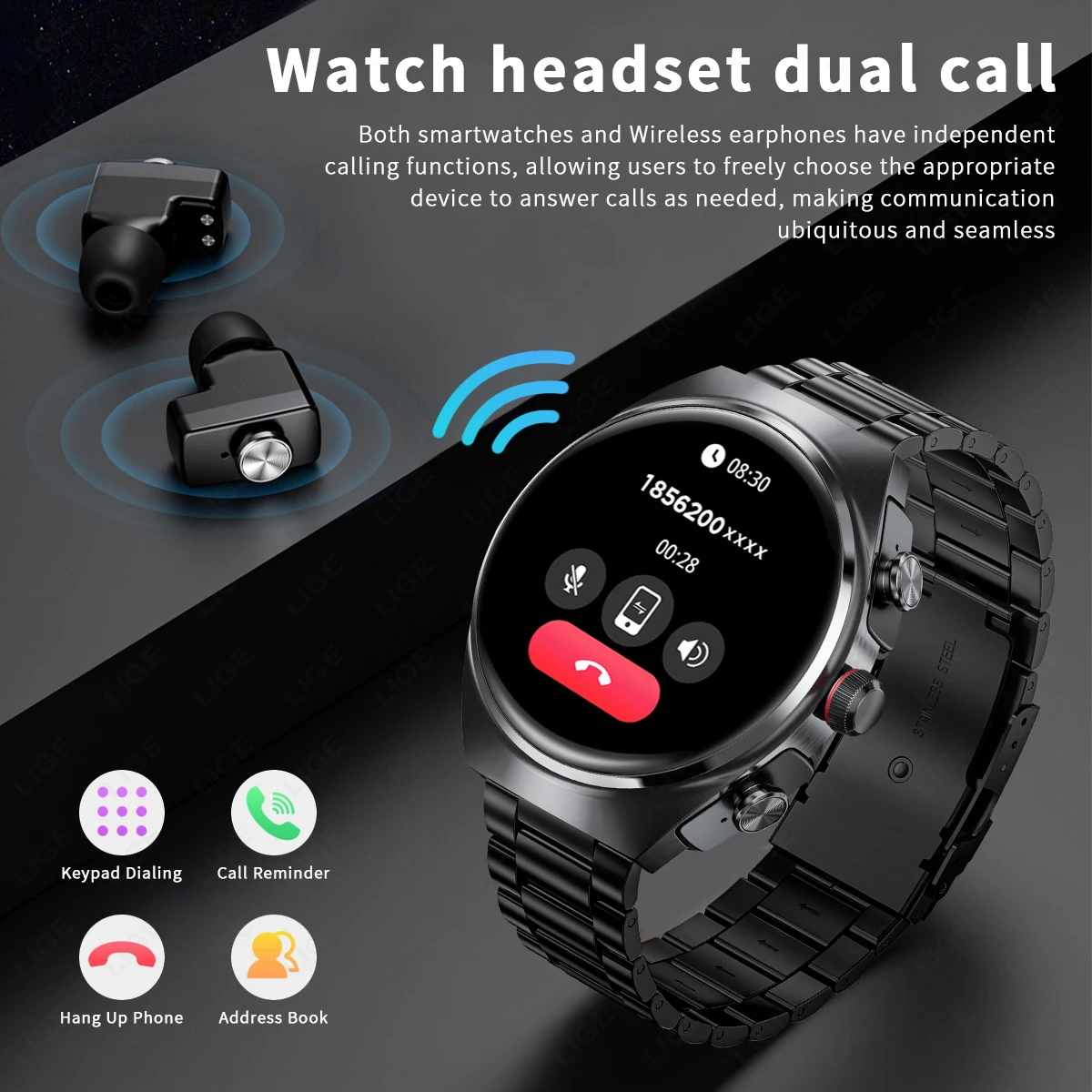 Lige Смарт-часы 2-в-1 С Tws Bluetooth-гарнитурой Водонепроницаемый Мониторинг