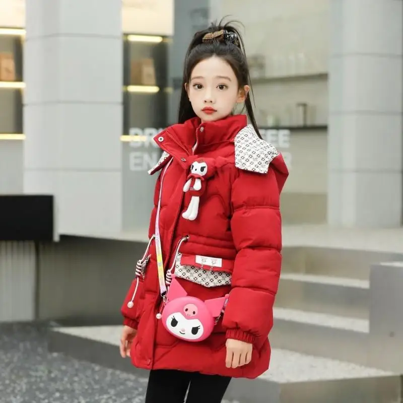 Фото Зимняя хлопковая одежда Kuromi для девочек Sanrios, аниме-фигурка Kawaii, новое бархатное утепленное пальто средней длины с героями мультфильмов, детская одежда №3