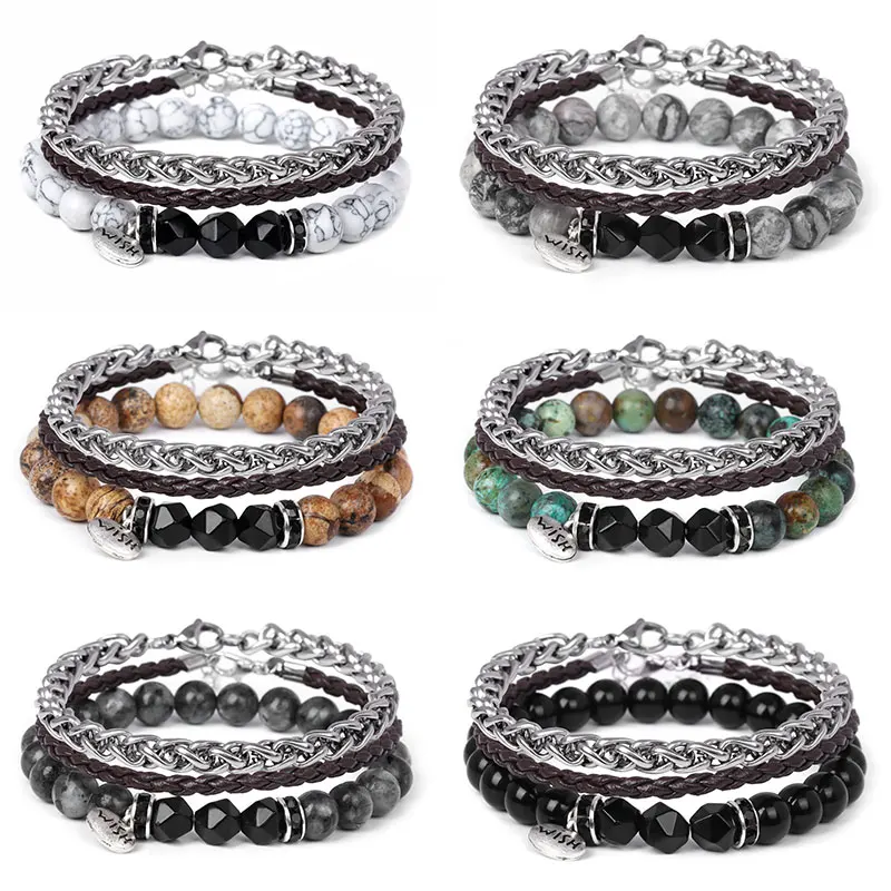 

3pcs/lot Natural Stone Beaded Bracelet Rope Silver Color Chain Bracelets Set Fashion Male Energy Bracelet for Men Women Jewelry