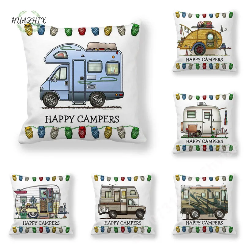 

Happy Camper Pillow Case Home Living Room Sofa Bedroom Owl Throw Pillows Cover Decorative 45*45CM Car Children Gift Pillowcases