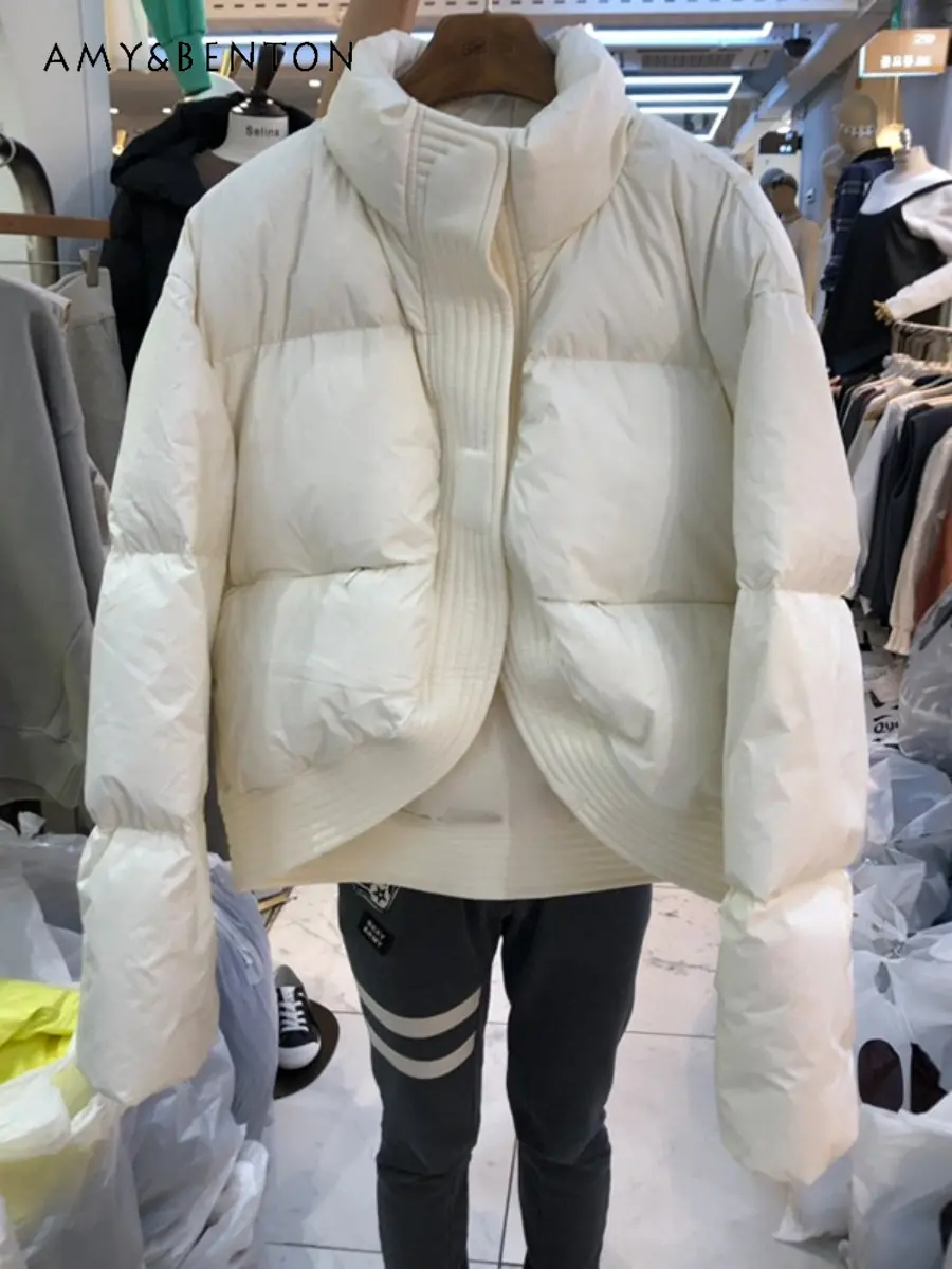 

Short White Duck Down Jacket Winter New Korean Style Loose Cotton Padded Parkas Solid Color Long Sleeve Thick Coat for Women