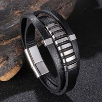 fashion multilayer braided leather cord bracelet men stainless steel punk bangle male trendy wristband party jewelry gift fr1151
