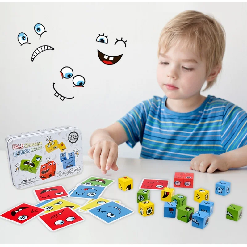 

64-card wooden children's early education fun face-changing expression Rubik's cube building blocks battle iron box puzz
