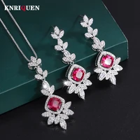 luxury 77mm ruby gemstone pendant necklace earrings for women charms lab diamond wedding party fine jewelry sets gift wholesale