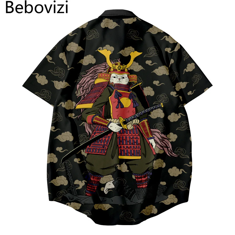 

Уличная одежда в японском стиле для мужчин, гавайская пляжная рубашка в стиле Харадзюку, Харадзюку, с принтом самурая кошка, облако, лето