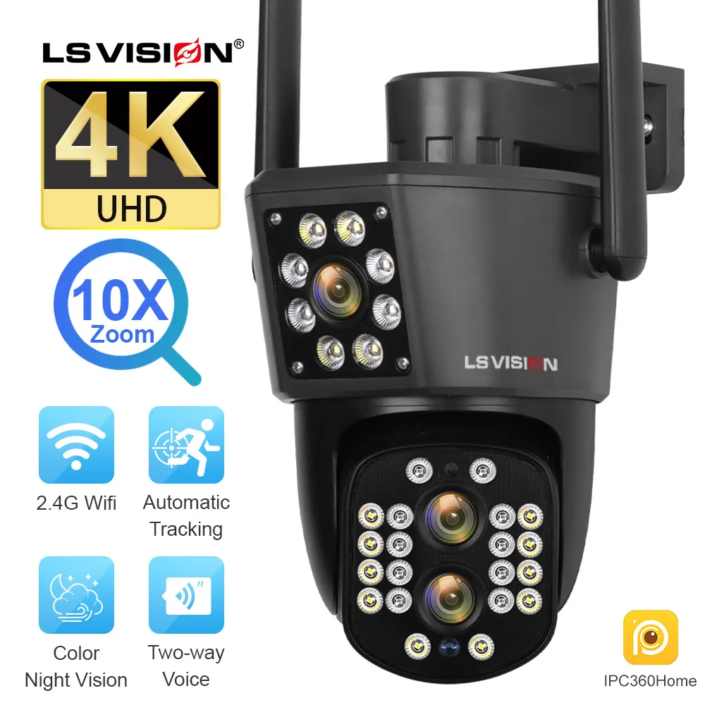 

LS VISION 4K Dual Screens WiFi Security Camera Outdoor 8MP Three Lens PTZ 10X Optical Zoom Auto Tracking Waterproof CCTV Camera